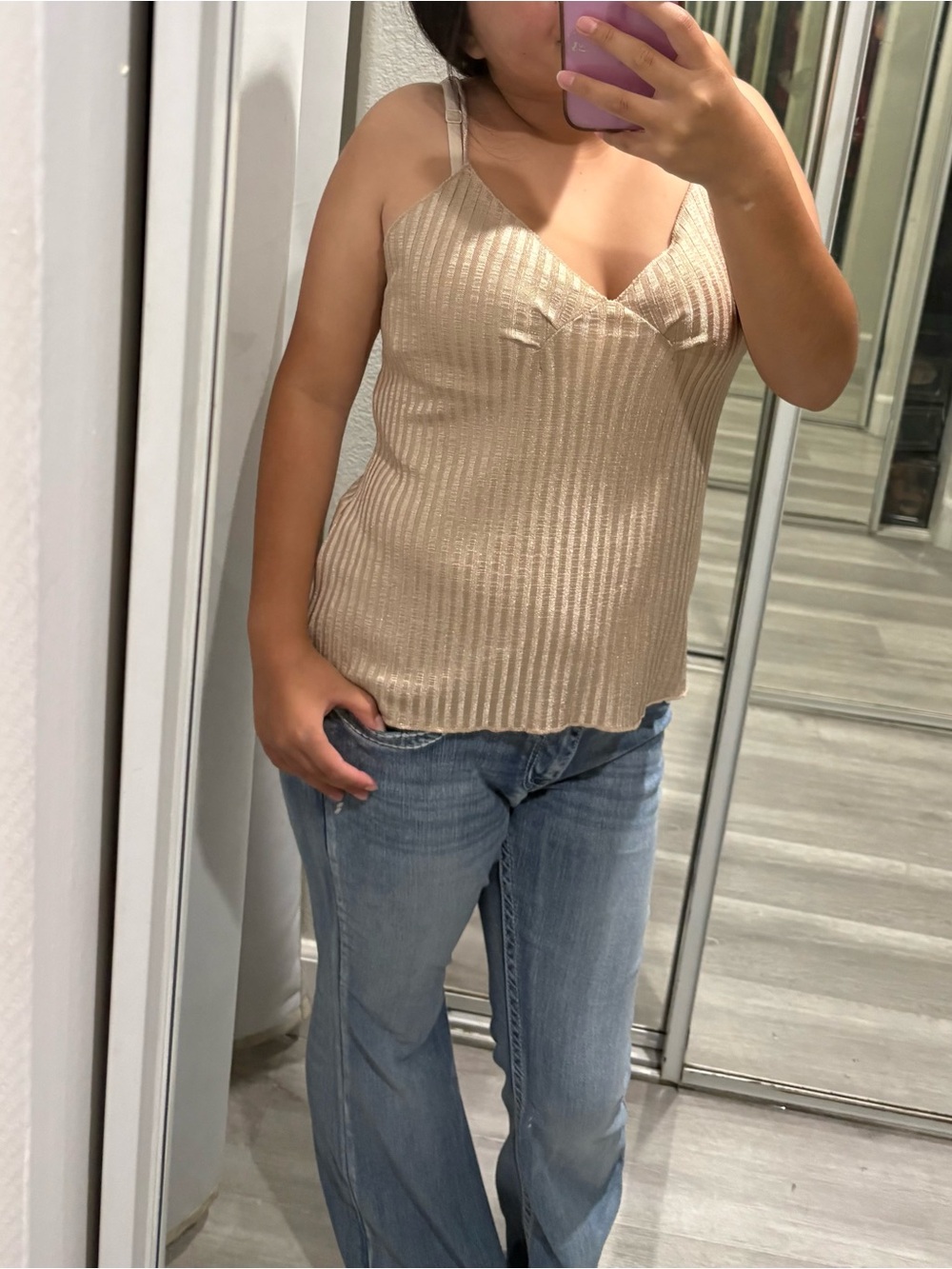Zara Metallic Ribbed V-Neck Cami in Beige